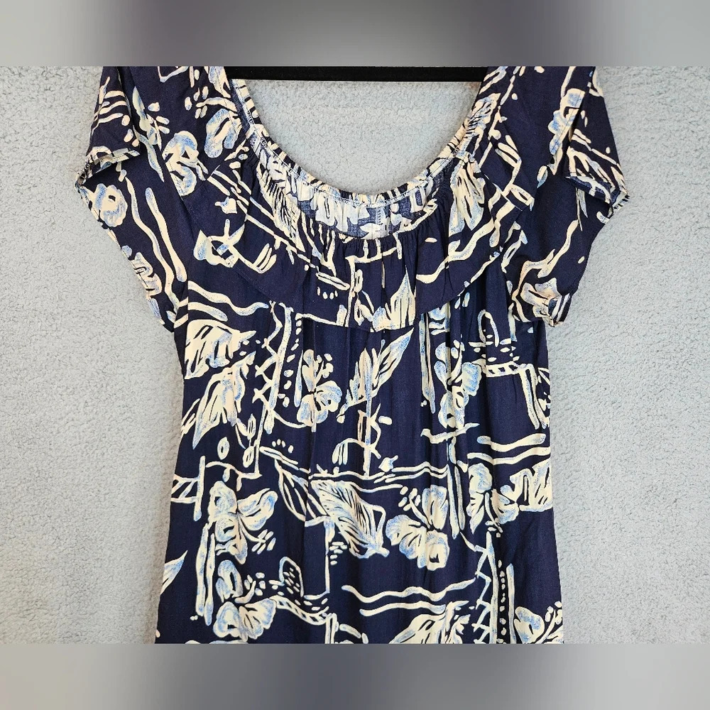 Hilo Hattie Womens Navy White Tropical Hawaiian Pull Over Dress Sz M Vacation - Picture 3 of 11